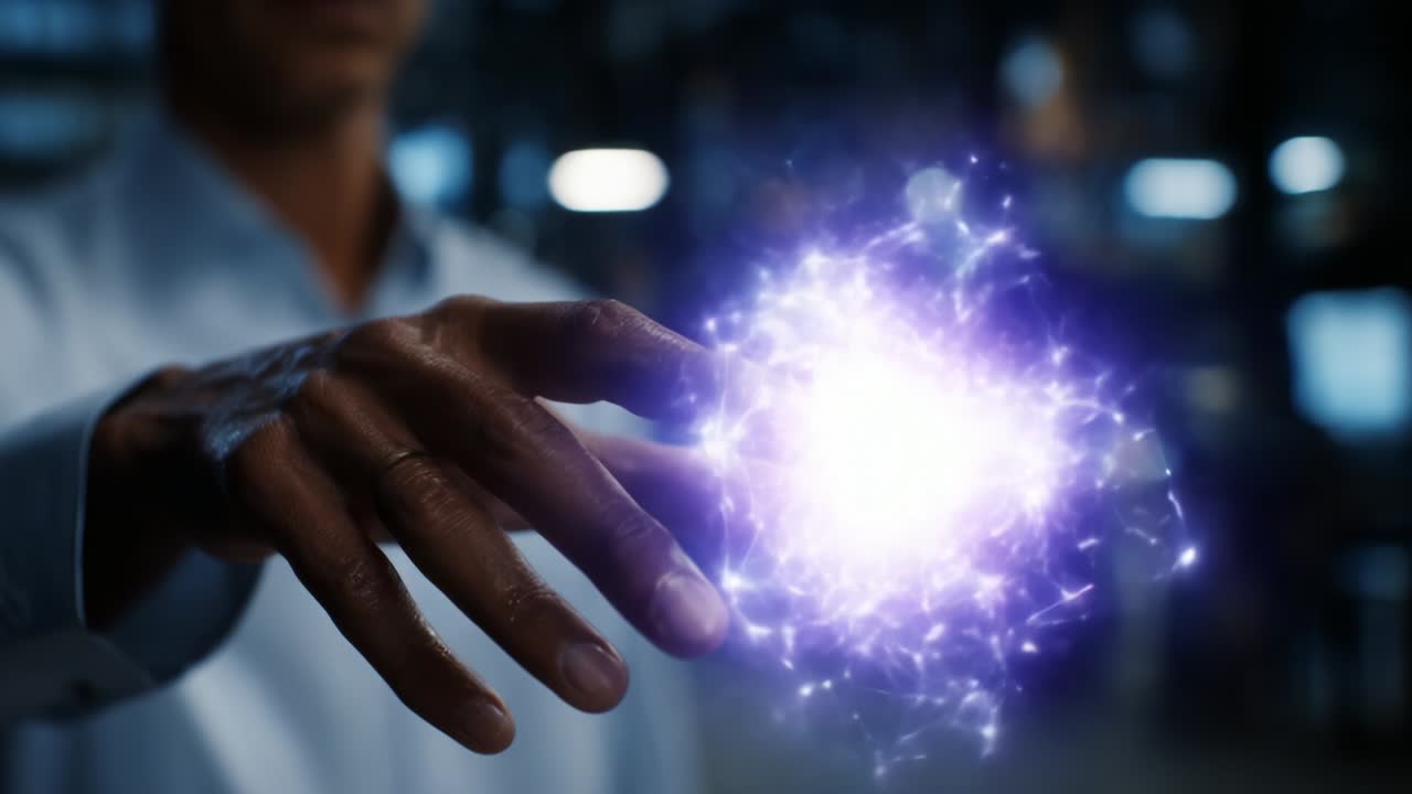 An individual reaches out with a hand, interacting with vibrant energy that emanates from their fingertips, illustrating a moment of innovation and connection with technology, amidst a blurred background of modernity