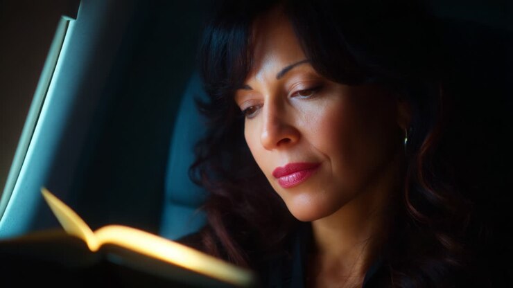 A woman immersed in reading a book during a flight, captured in two frames that showcase her deep concentration and the mood of tranquility as she travels, highlighting moments of personal reflection and escape