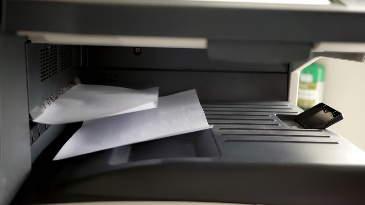 Close Up shot of Office printer document in the process are working and the sheets copier with white paper