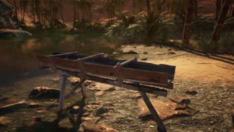 a wooden boat sits on a stand in a desert oasis