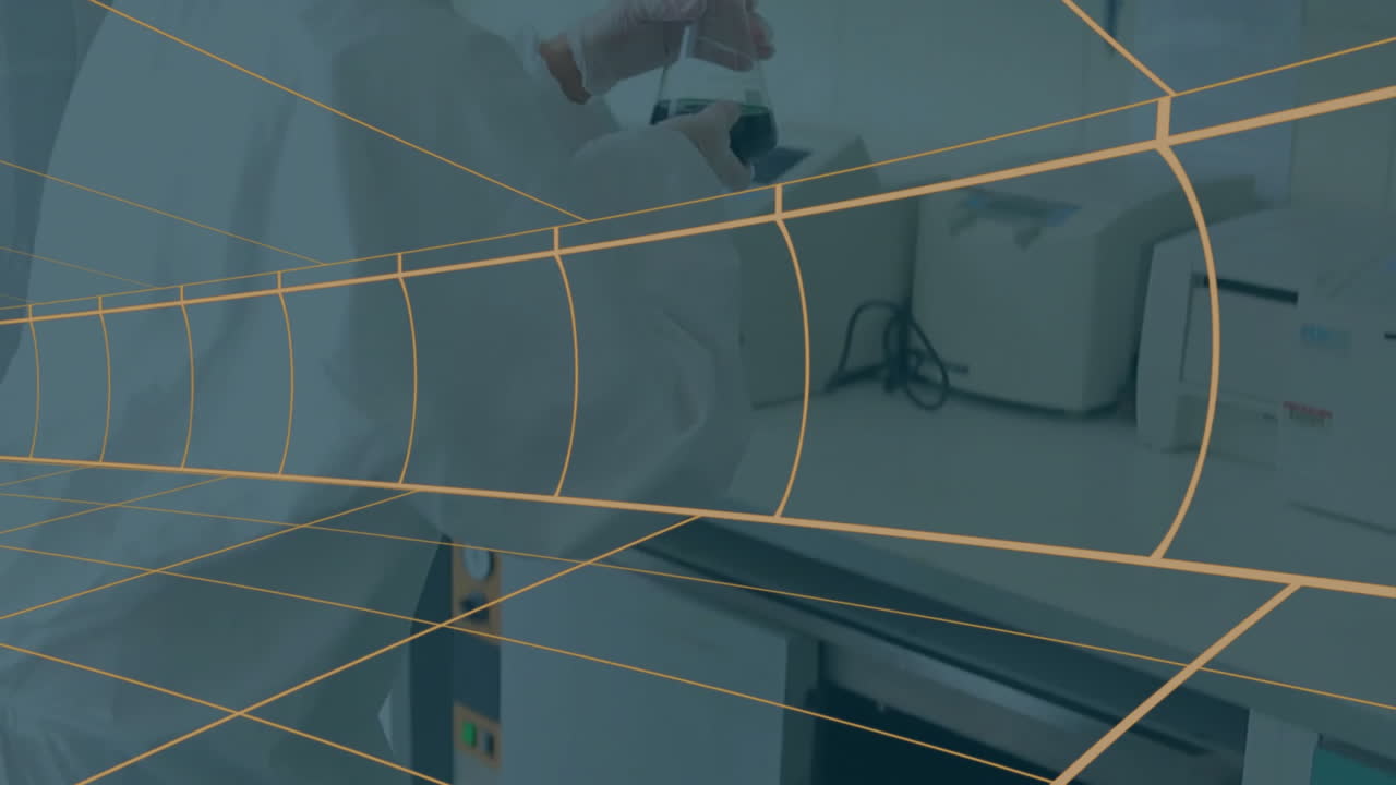 Female scientist handling flask in science lab, showcasing animated grid lines and data chart