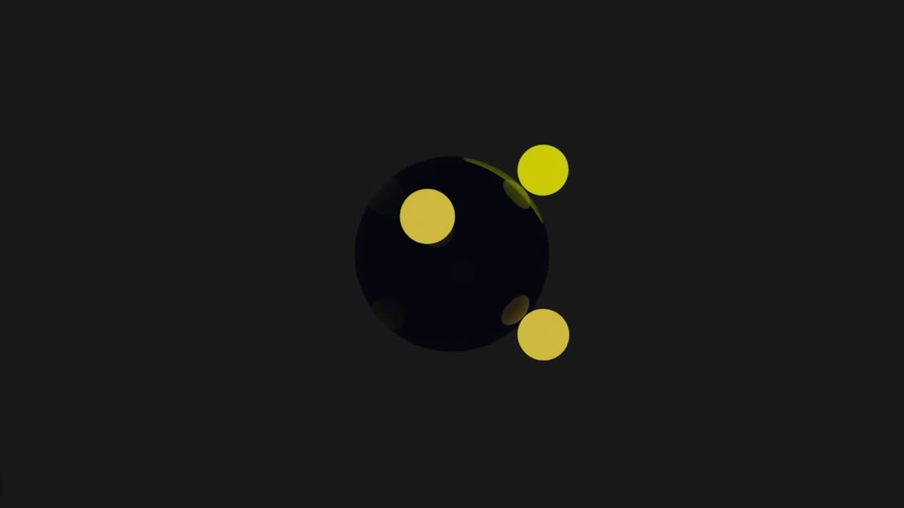 Motion of atom spheres isolated on a black background, concept of chemistry and biology. Design. Small balls rotating around bigger black sphere, seamless loop