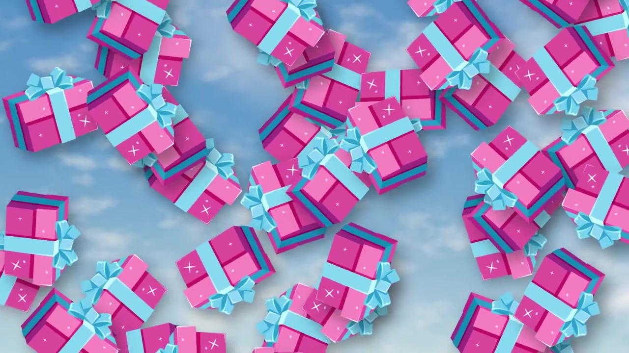 Animated 3D pink gift boxes with blue ribbons float and fall across a sky.