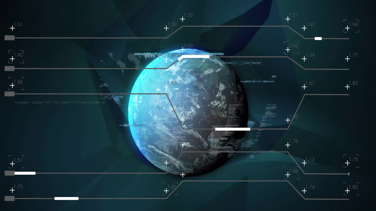 Animation of data processing and motherboard over globe in night sky
