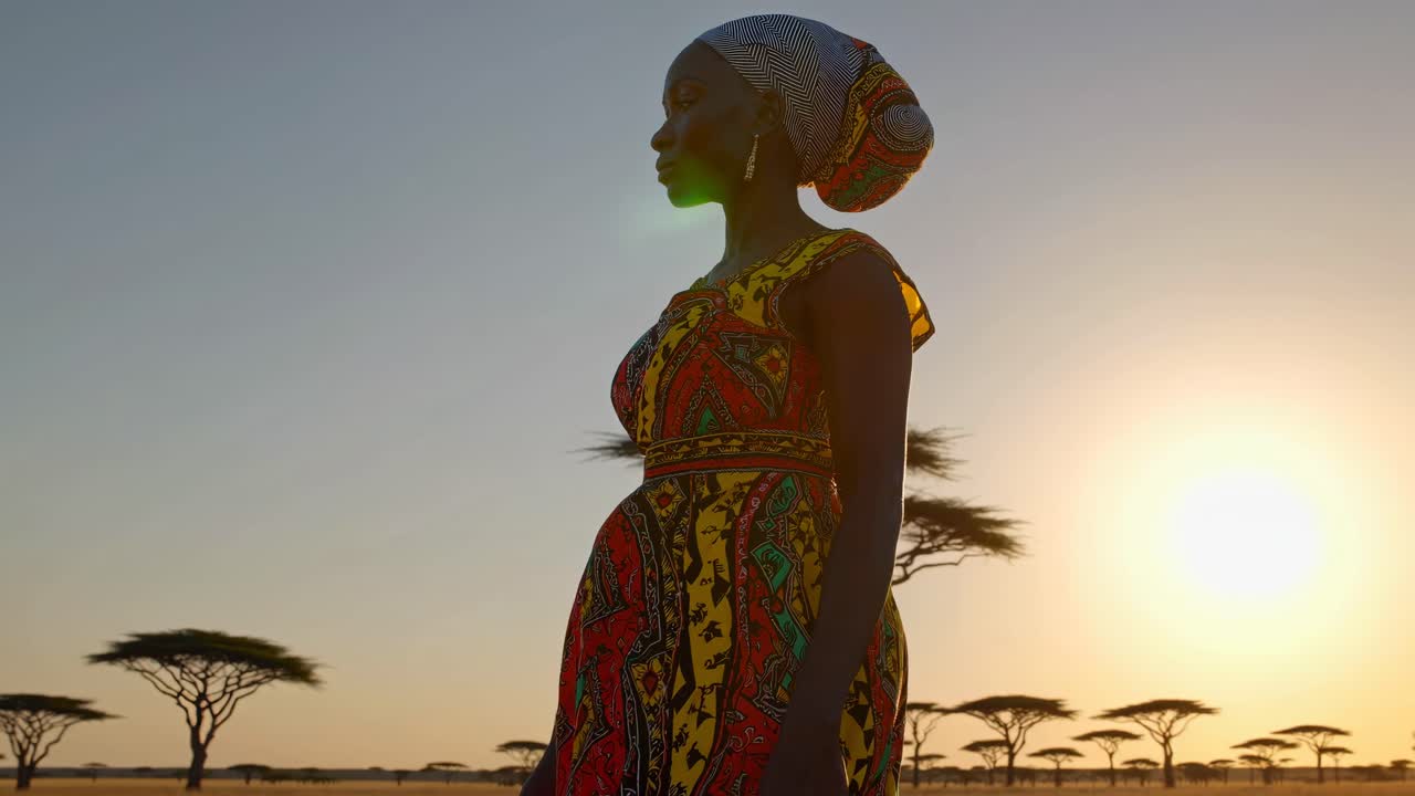 Silhouette of a woman in traditional attire at sunset, side profile, low-angle shot