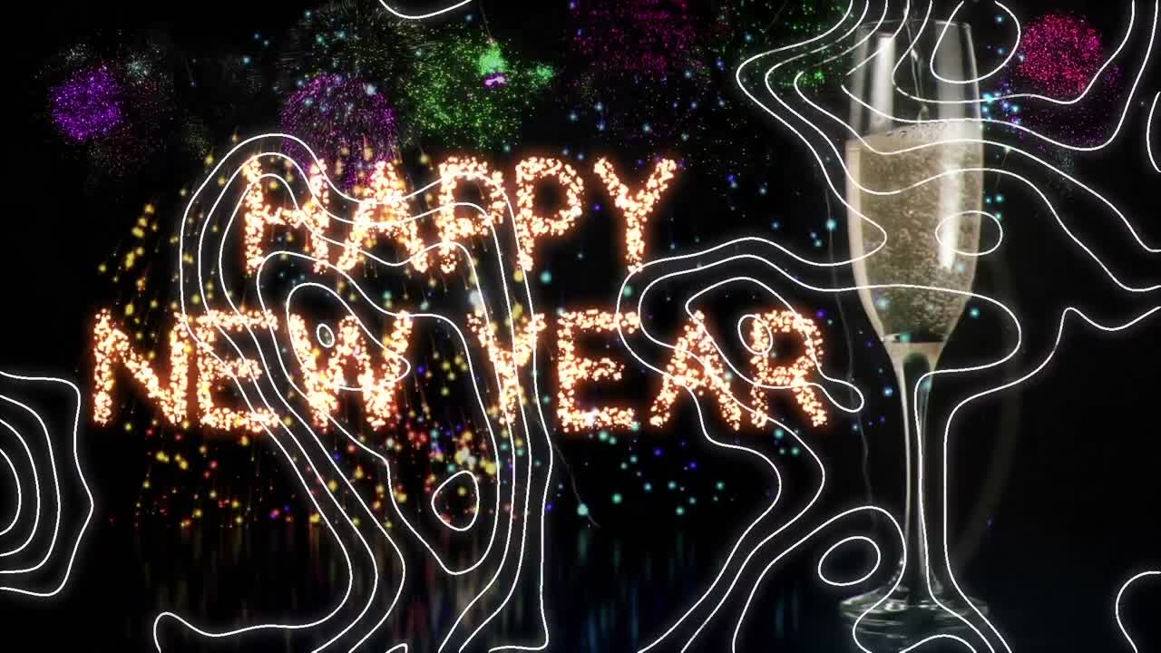Topografia sopra il testo Buon Anno Nuovo e un bicchiere di champagne con fuochi d'artificio che esplodono