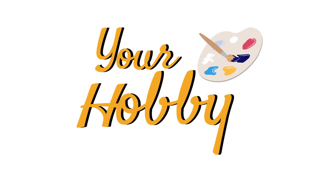 팔레트에 페인트와 페인트 브러시로 오렌지색으로 당신의 취미 텍스트의 애니메이션