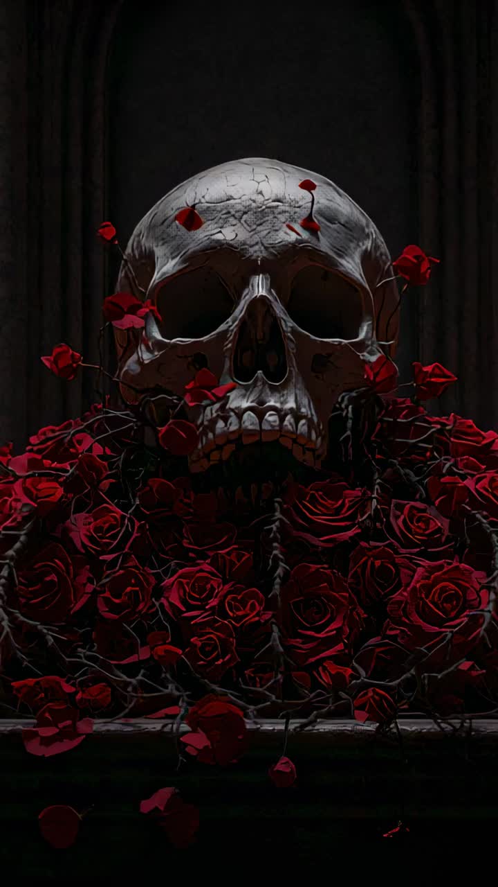 Vertical video: Pulling camera from close-up in crypt revealing cracked skull red roses and candles