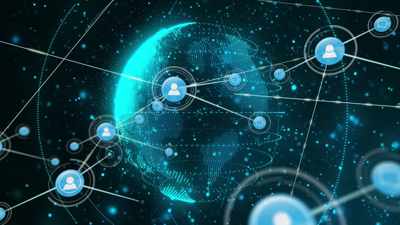 Graphic designer interacting with technology interface, highlighting dotted globe with chat bubbles