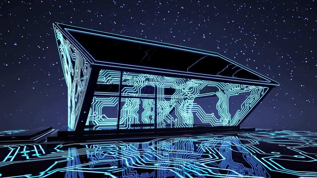 Futuristic video concept of a house with circuit patterns, viewed from a low angle, set