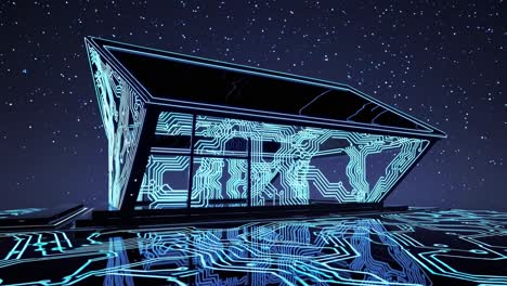 futuristic video concept of a house with circuit patterns, viewed from a low angle, set