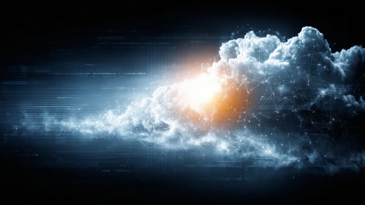 A Surreal Digital Artwork Depicting a Cloud Phenomenon Illuminated by a Radiant Light, Merging Nature with Technological Elements in an Ethereal Atmosphere