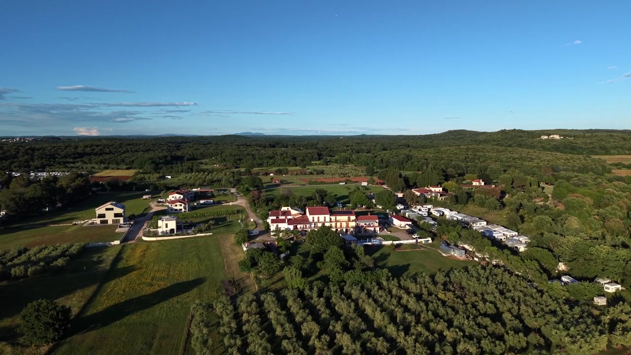 Ville e casali rurali punteggiano verdi uliveti vicino a Orsera al tramonto dorato, con fitte foreste, acque costiere e dolci colline che si estendono all'orizzonte. Europa, Croazia. Ampia ripresa aerea con drone