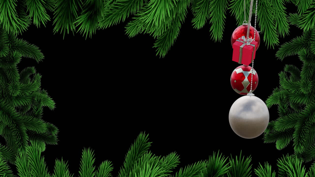 animación de decoraciones navideñas sobre las ramas de los abetos de fondo