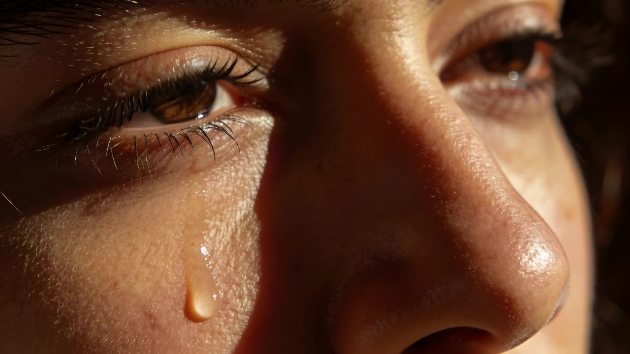 Crying female teen holding gaze in close-up, warm side light catching tear and causing descent