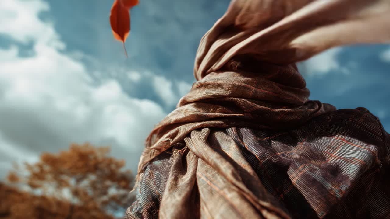 A Mysterious Figure in Motion with Flowing Fabric and Falling Leaves Against a Dramatic Sky, Conveying a Sense of Change and Transition