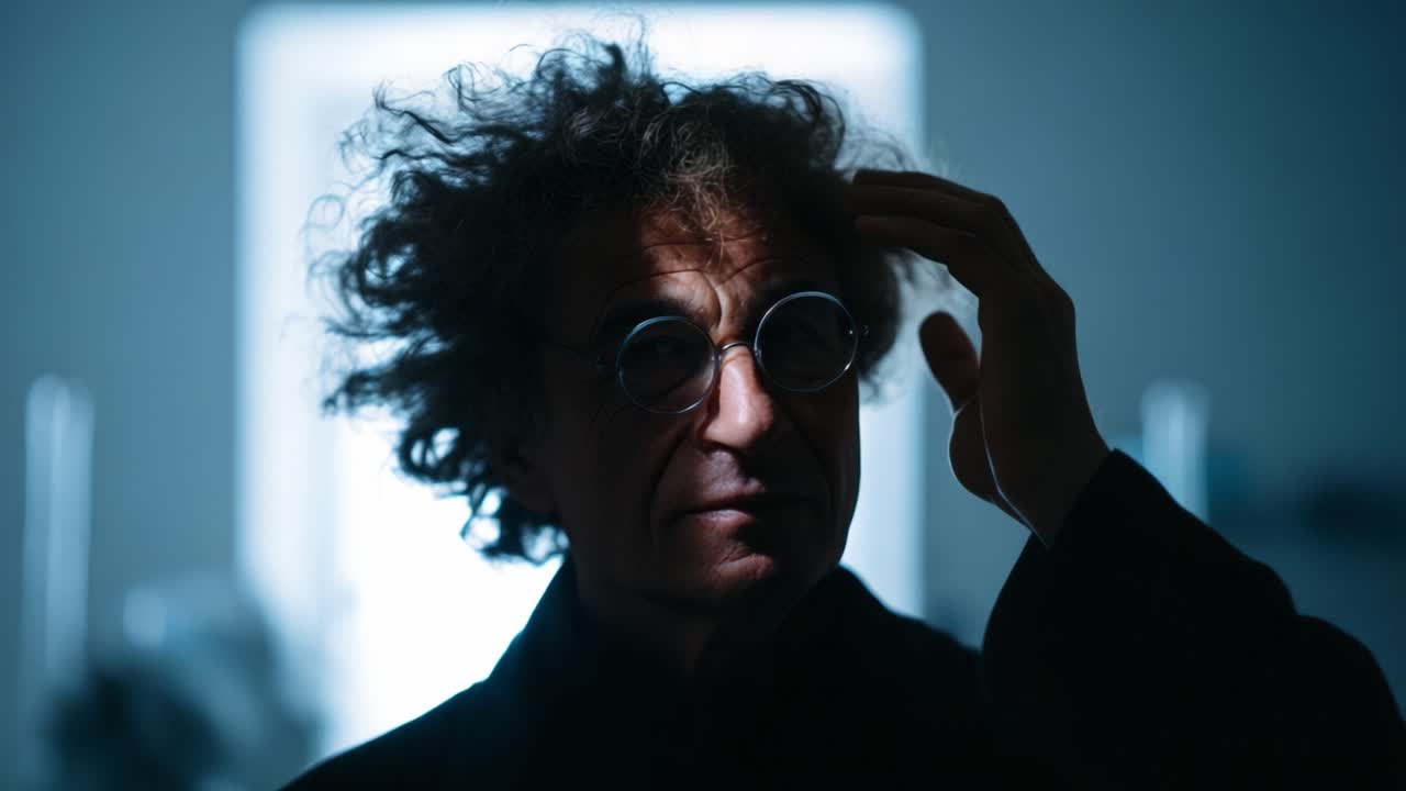 A contemplative individual with wild hair and glasses stands in dramatic lighting, reflecting on thoughts in a shadowy, illuminated environment