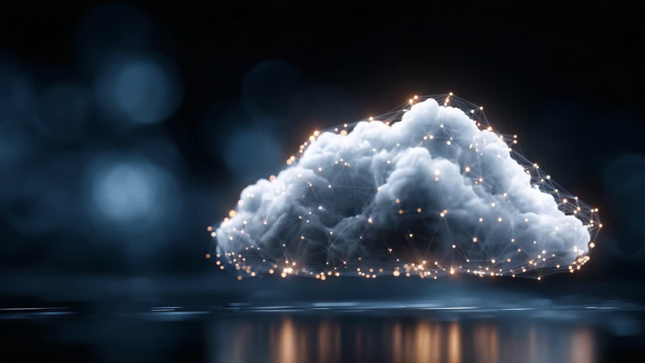 A Stunning Digital Representation of a Floating Cloud Enhanced with Glowing Lights, Perfect for Illustrating Concepts of Computing and Innovation
