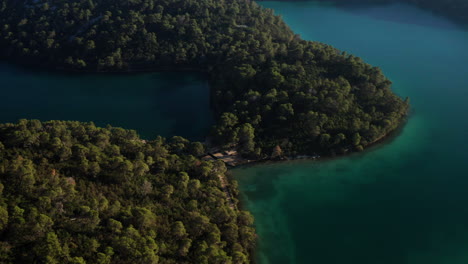 Hermosa-Isla-De-Bosque-Verde-Del-Parque-Nacional-Mljet-En-Croacia--antena