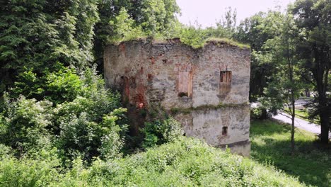 forgotten ancient ruin of defensive tower in overgrown park, aerial view