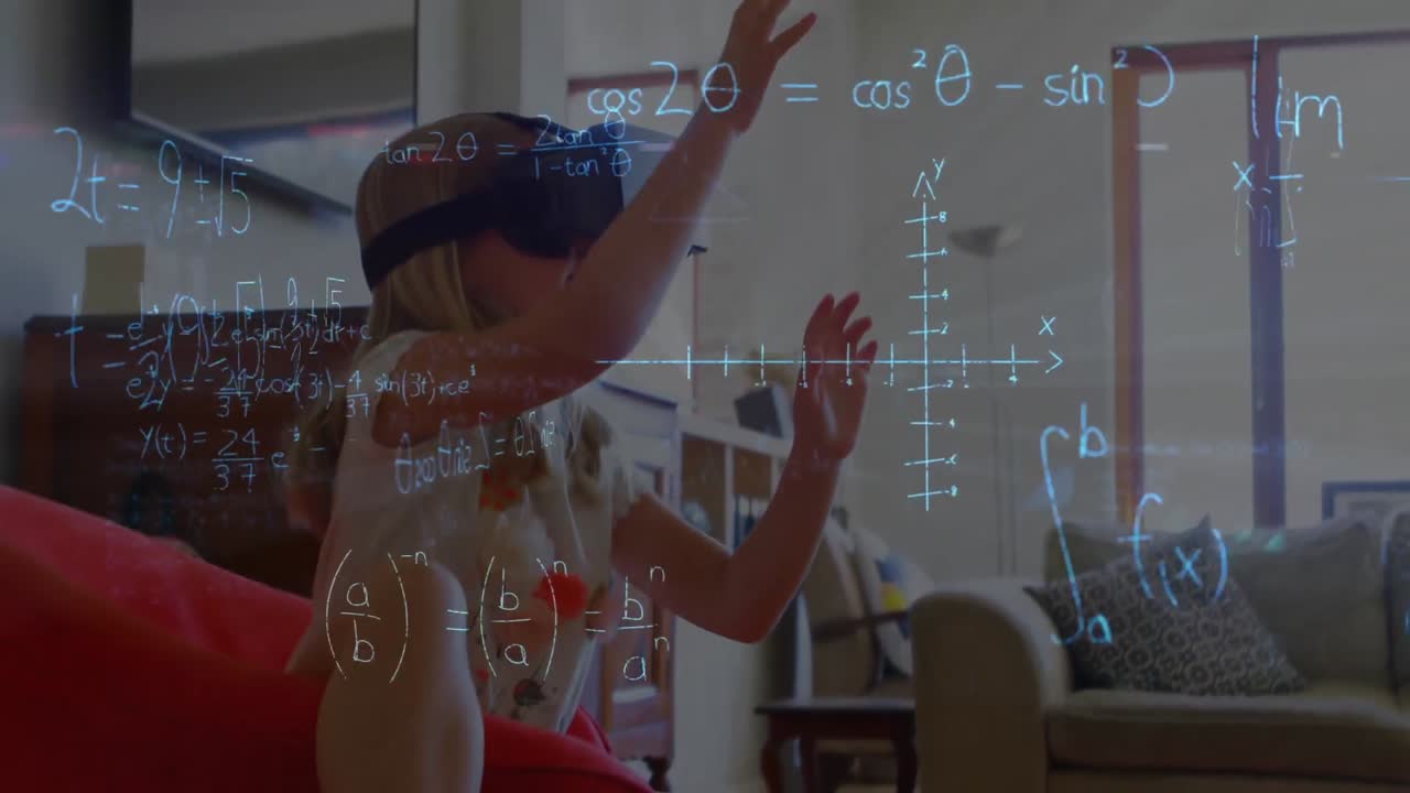 가상 현실 헤드을 착용 한 콩 가방 의자에 앉아있는 작은 소녀