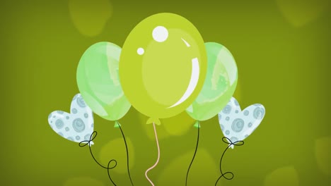 Animation-of-colorful-balloons-flying-over-green-background