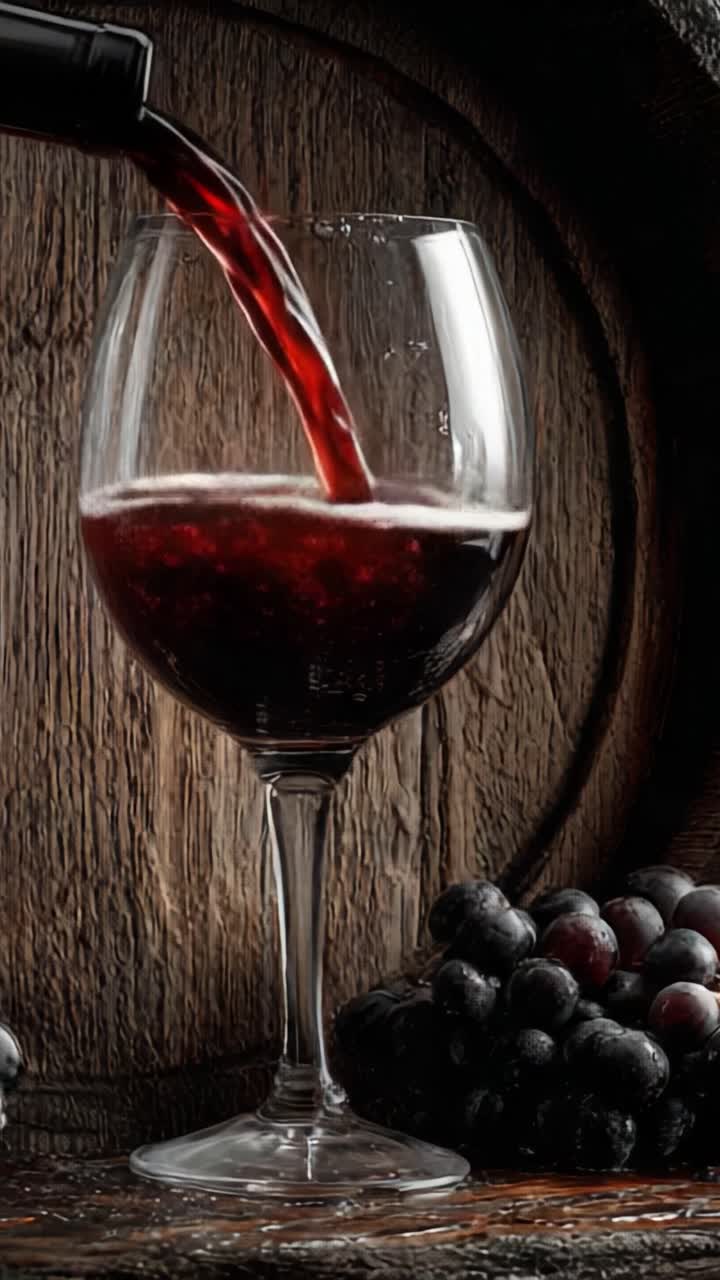 Una sequenza straordinaria di vino versato in un bicchiere di cristallo, circondato da ricchi grappoli d'uva, che enfatizza l'arte della vinificazione e il colore intenso del vino rosso