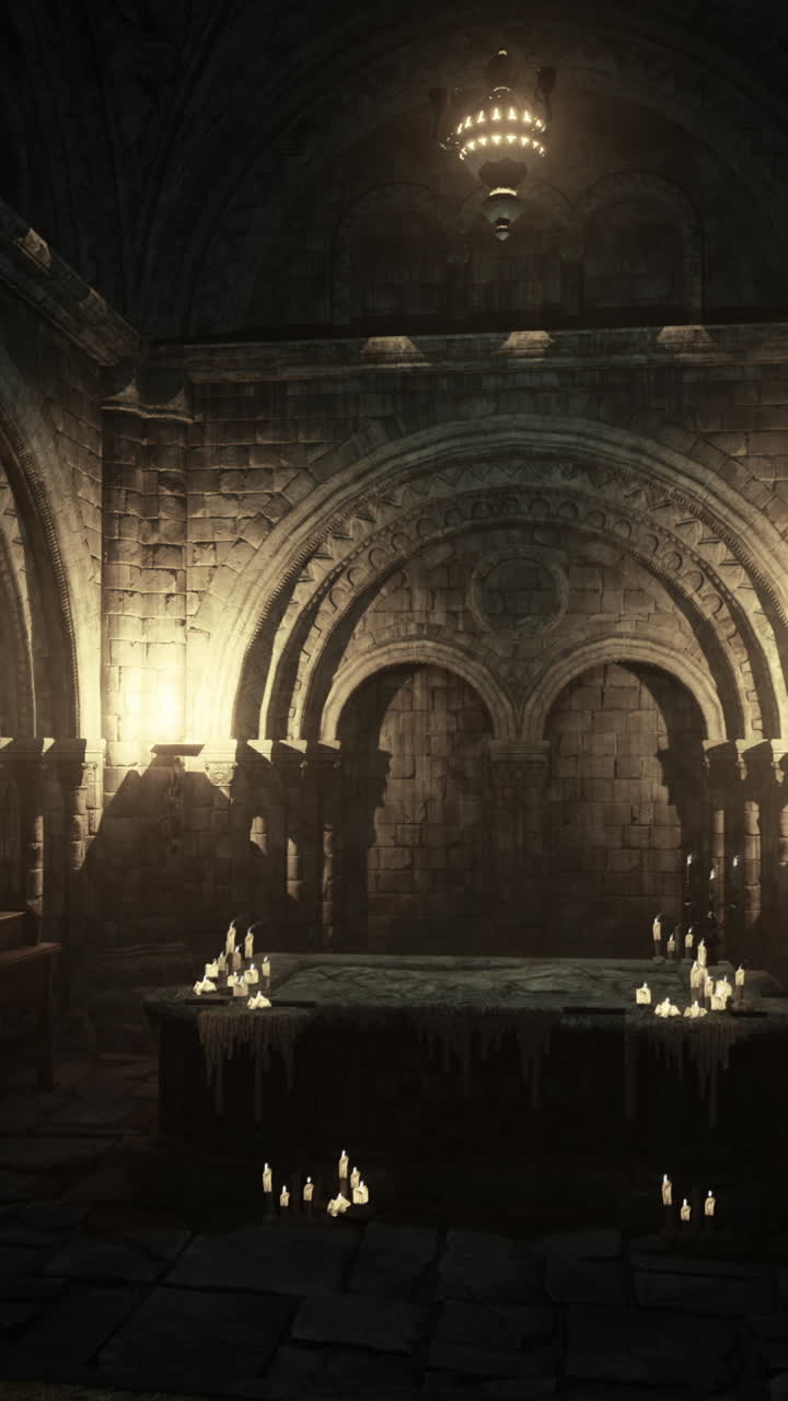Dimly lit ancient stone hall with candles creating eerie ambiance