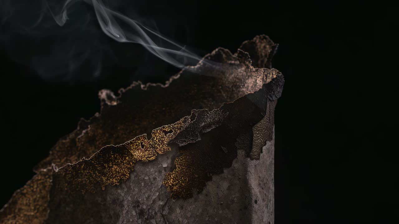 Curling smoke post-snuff from part-burned candle stump charred wick warm glow in studio, copy space