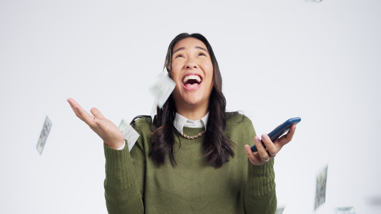 행복한 아시아 여성, 전화와 돈의 비