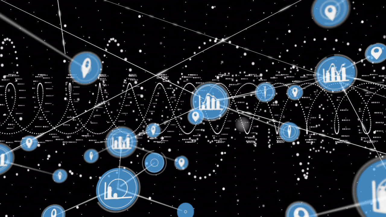 Network of connections and data processing animation over abstract black background