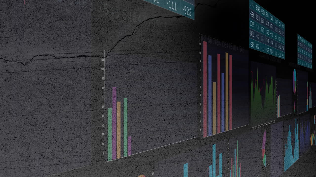 Bar and line charts animation over textured concrete background