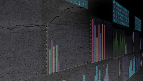 animación de gráficos de barras y líneas sobre un fondo de hormigón texturizado