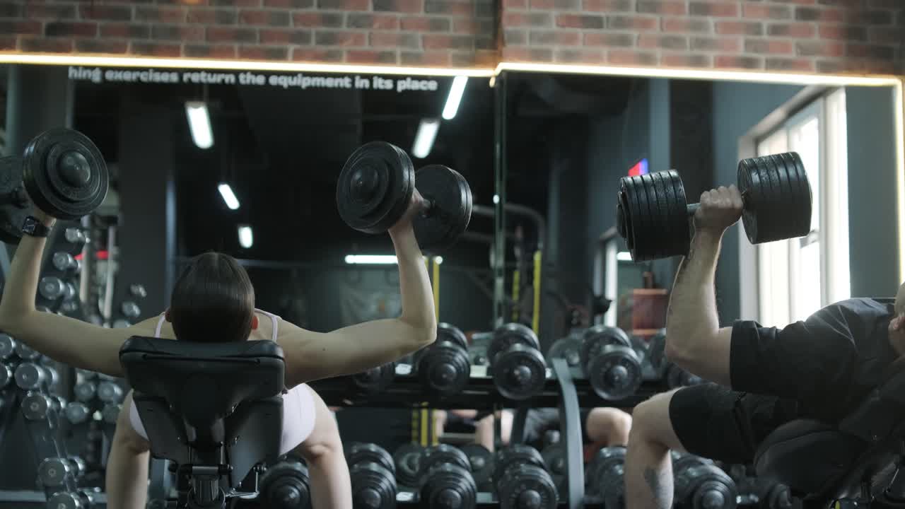 체육관 에서 벨 을 사용 하여 운동 하는 사람 들