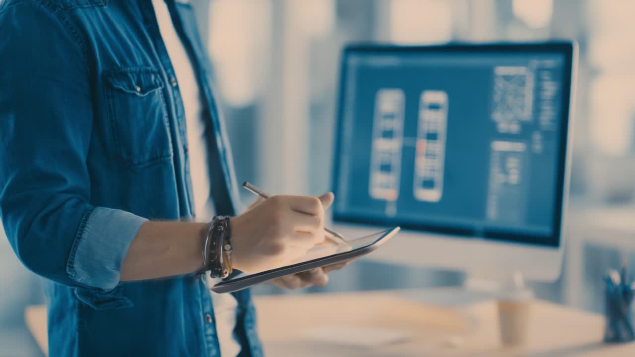 A Focused Individual Engaged in Digital Design Work, Using a Tablet for Sketching While an Computer Displays Relevant Graphic Design Elements in the Background