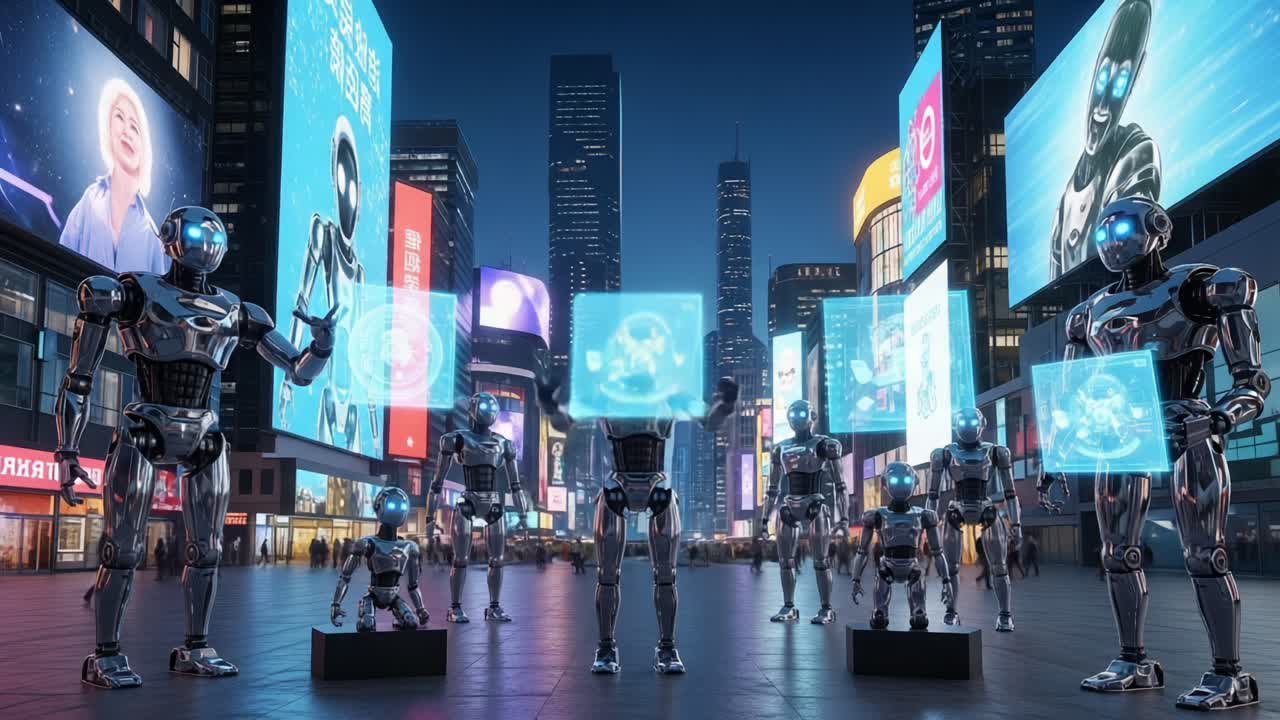 Futuristic Robotic Assembly in a Neon Cityscape: Advanced AI Bots Displaying Holographic Interfaces Amidst Digital Billboards and Skyscrapers at Night