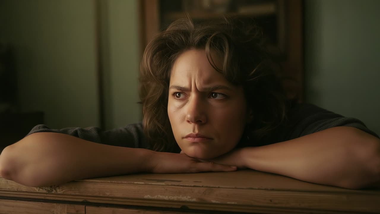 Waking woman lifting head, opening eyes, frowning in concern at home in longsleeve top with dresser