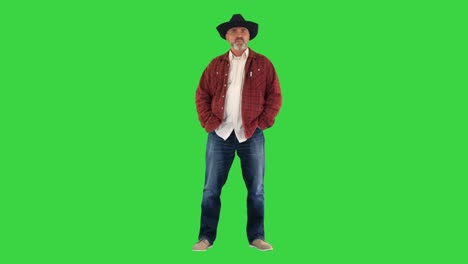 serious american farmer looking at camera and talking on a green screen, chroma key