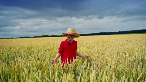 teenager on a wheat field. boy in a red t-shirt and a straw hat is walking on the field in summer. agriculture concept.