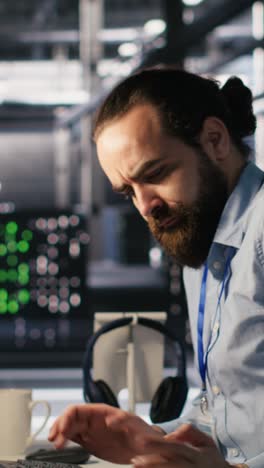 Vertical video Anxious technicians in data center reacting to system lockdown caused by hacker