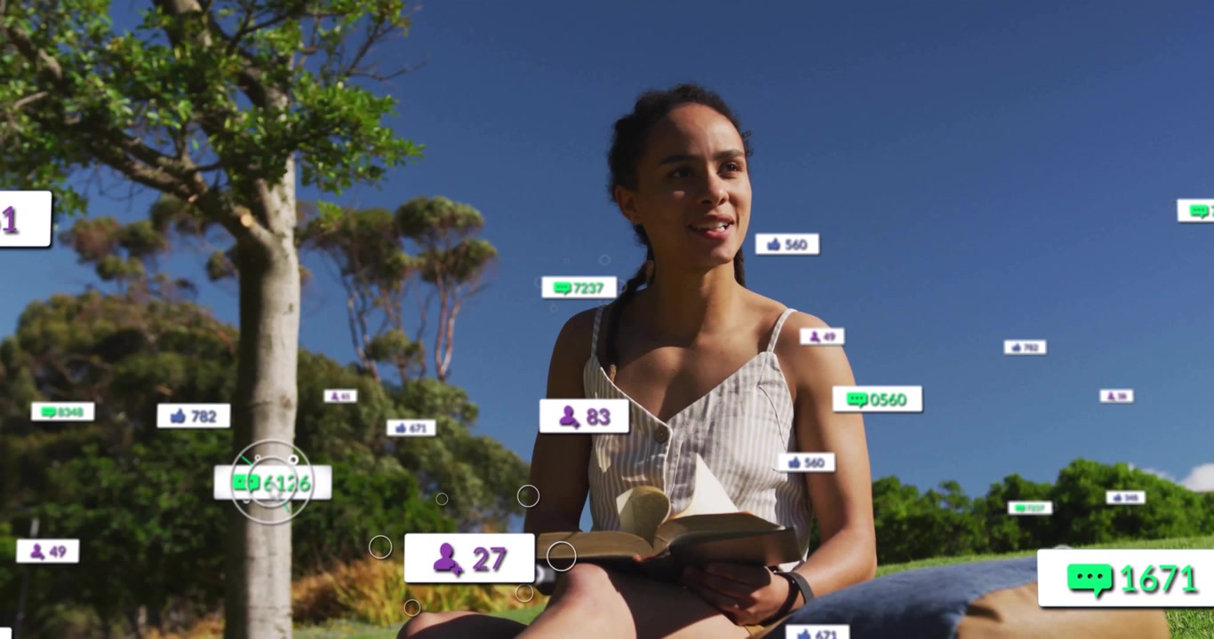 Woman reading on hill glancing causing comment bubbles follower badges like icons rising around her