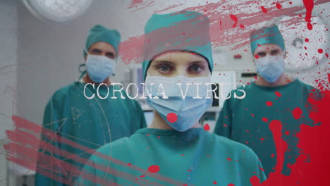 animación del texto de covid 19 sobre los cirujanos con máscaras faciales