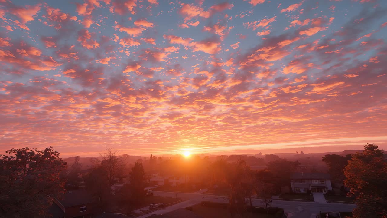 Time-lapse starting clouds shifting from pink to gold over suburbs, showcasing sunrise emergence