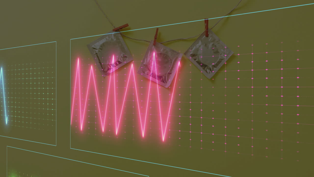 Animation of cardiograph over condoms on yellow background