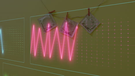 animation of cardiograph over condoms on yellow background