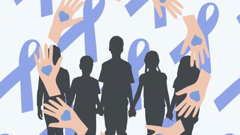 Animation-of-children-icons-and-hearts-over-blue-cancer-ribbons