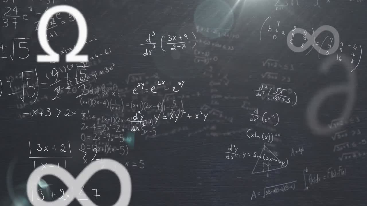 animación de ecuaciones matemáticas y símbolos flotando contra manchas de luz en fondo gris.