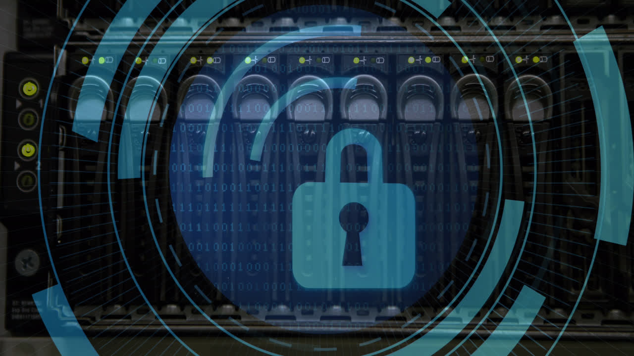 Animation of padlock icon over server room