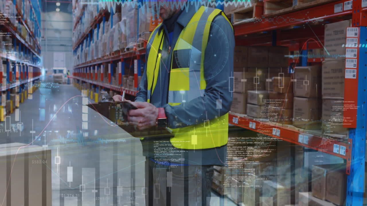 animación de gráficos, ondas sonoras, lapso de tiempo de vehículos en movimiento, hombre caucásico anotando inventario