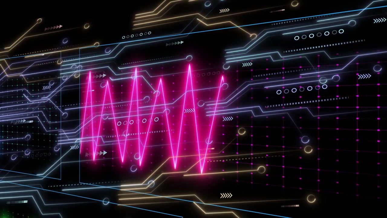 HUD al neon che avvia un ECG blu, tracce verdi e magenta che crescono, nodi pulsanti, frecce che mostrano il flusso tecnologico